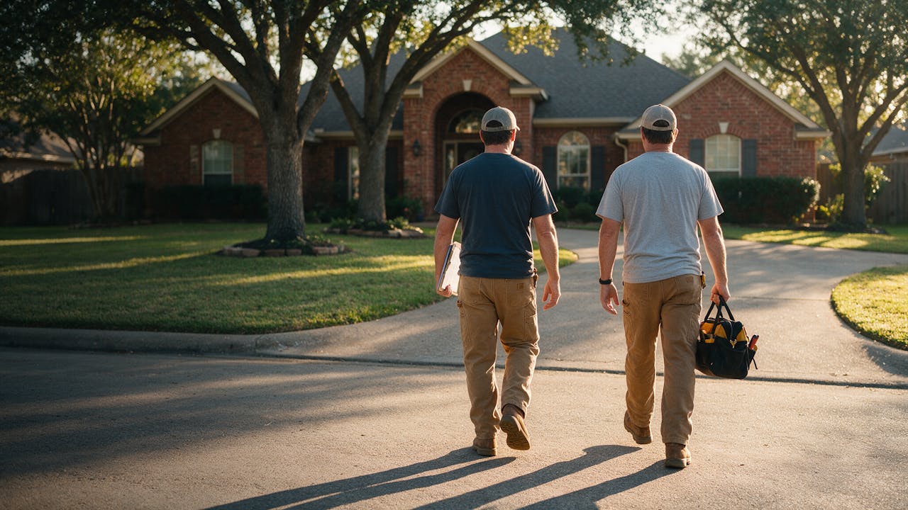 Two construction professionals approaching a brick home