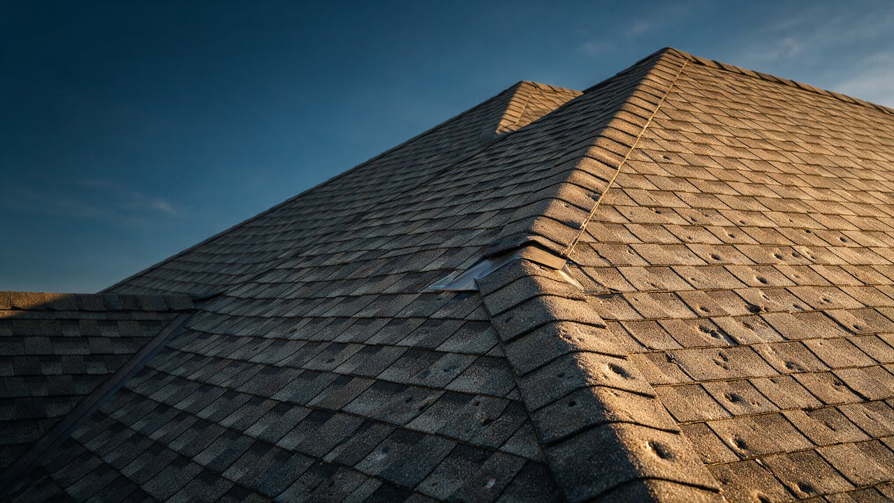 Composition shingle roof with hail damage