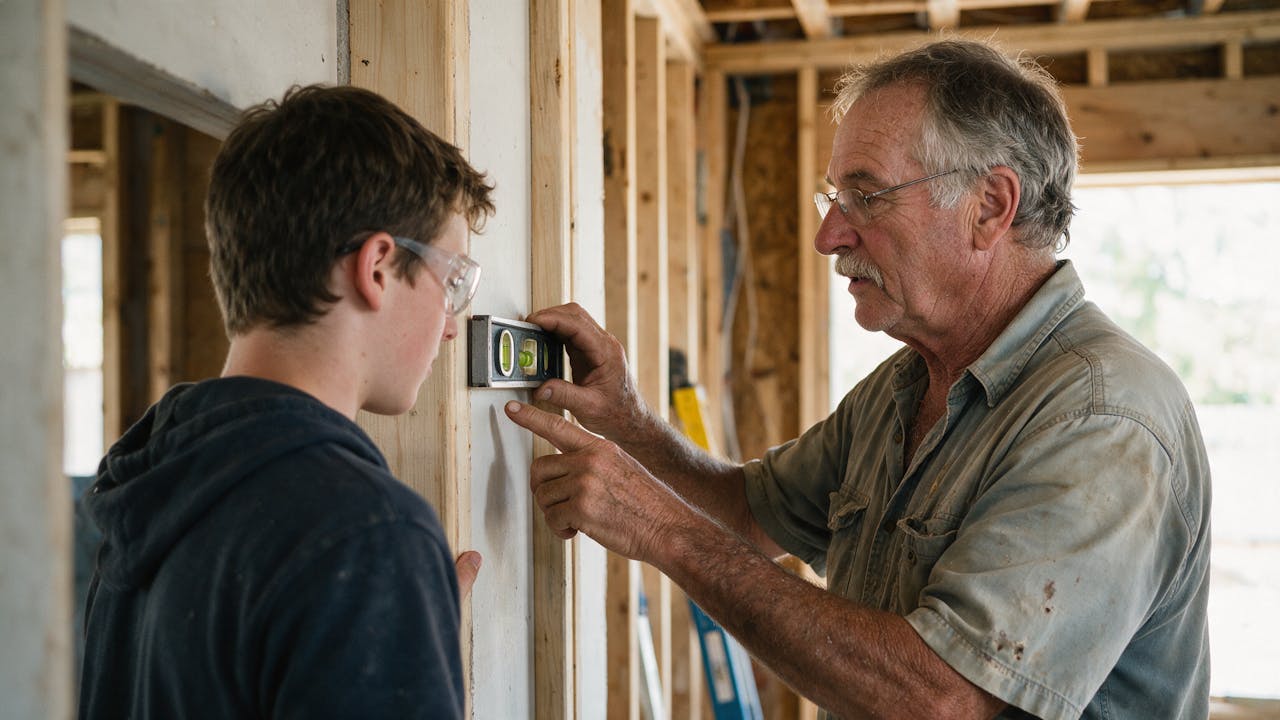 An experienced tradesman showing an apprentice how to read a level