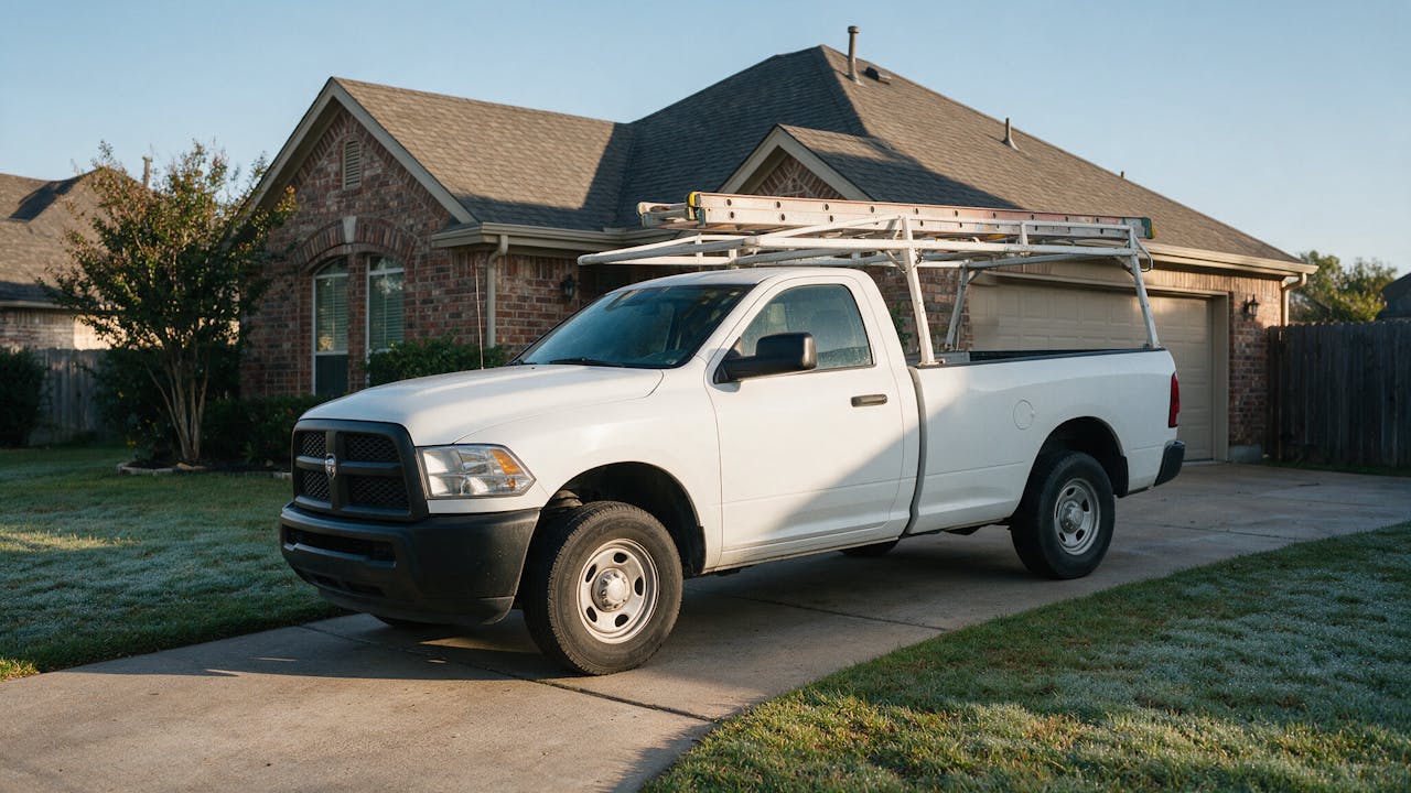 A contractor work truck parked in a residential driveway in the morning