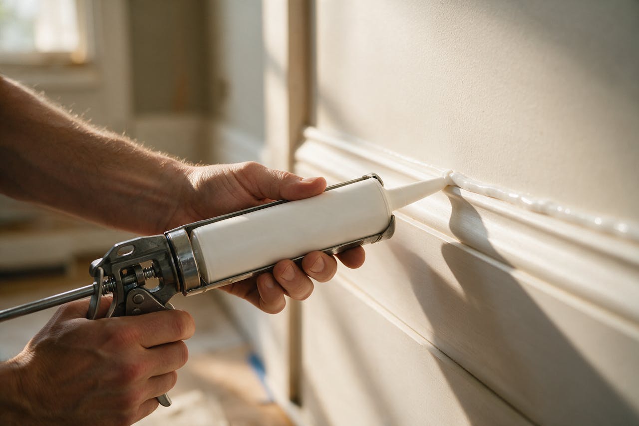 A carpenter running a bead of caulk along newly installed baseboard trim