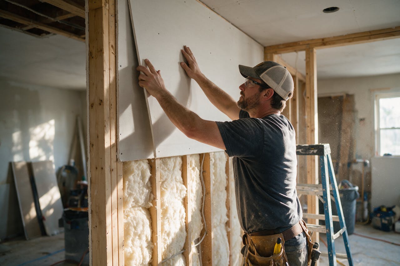 A carpenter hanging new drywall over a freshly framed wall