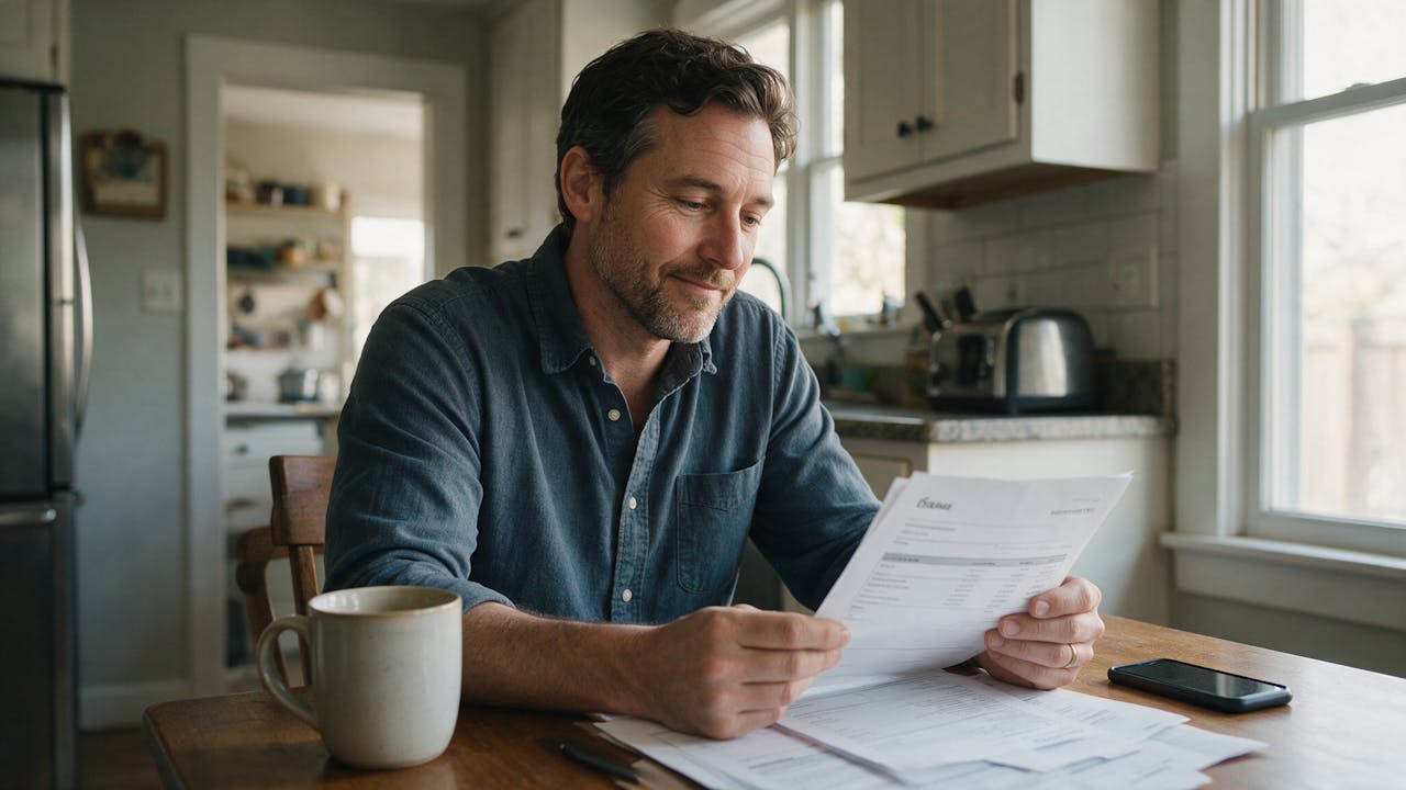 A homeowner reading through a written estimate at the kitchen table
