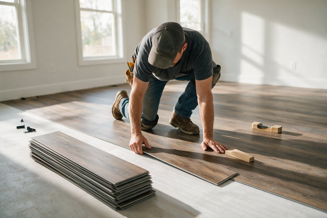 A worker installing wide plank vinyl flooring