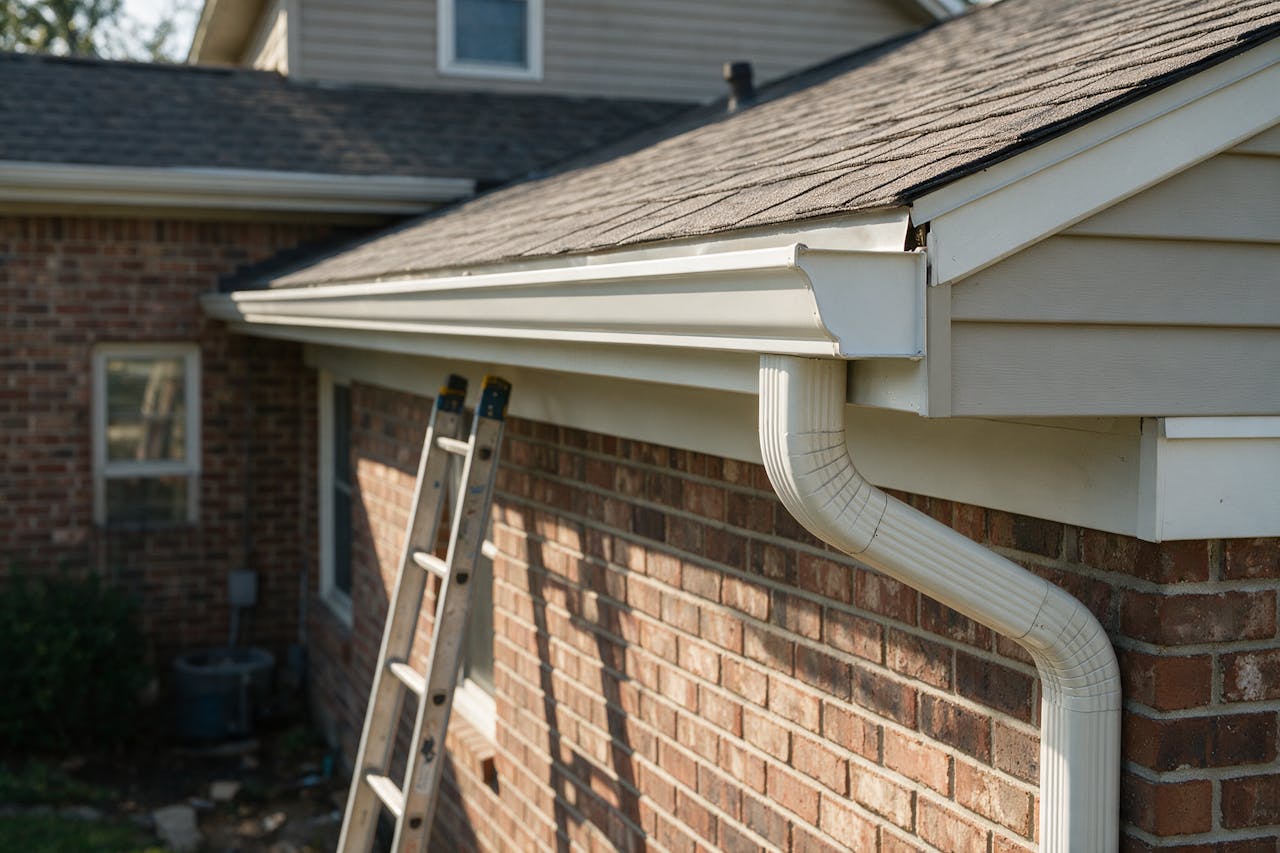 New seamless gutters and fascia being installed on a brick home