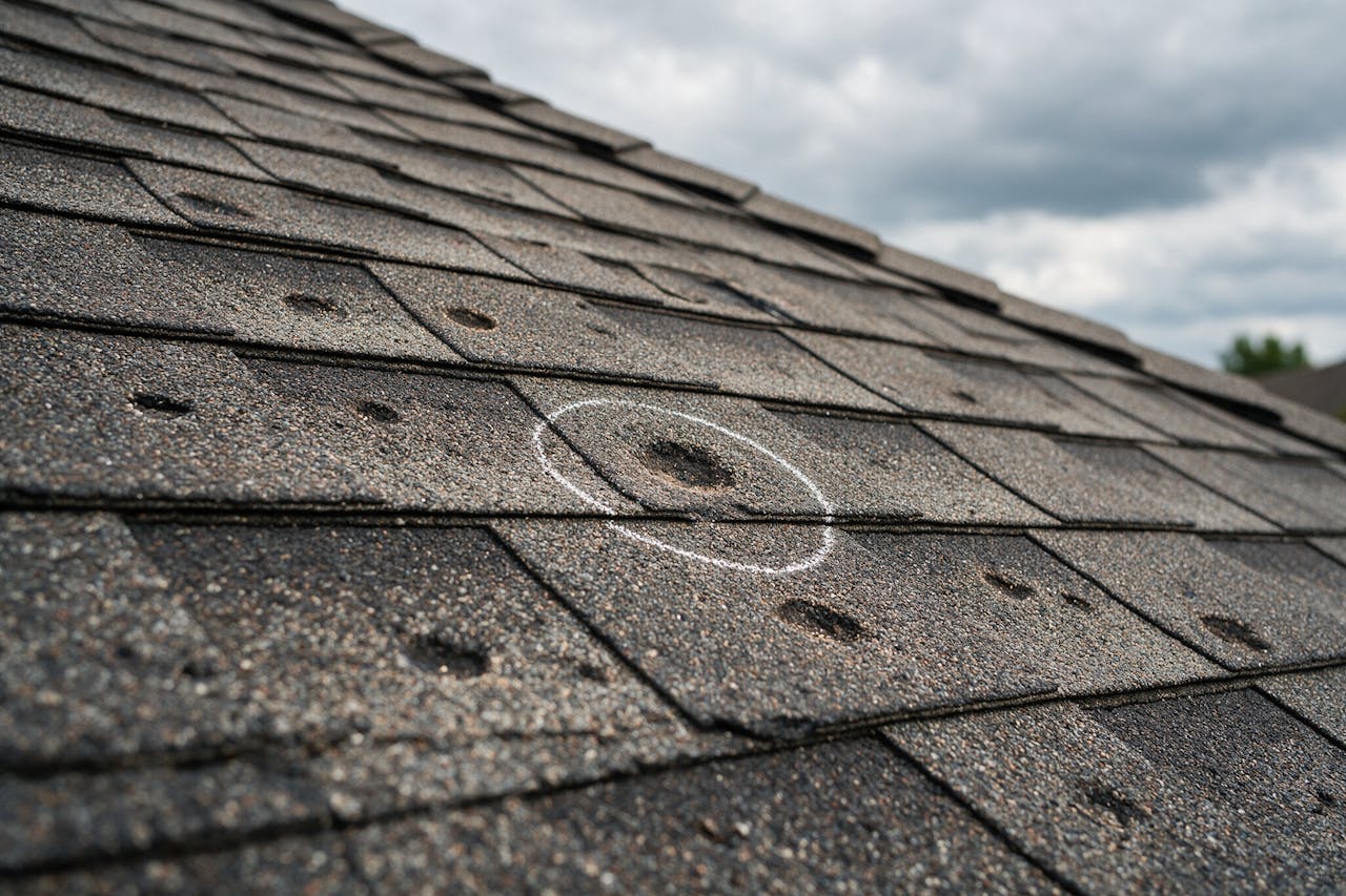 Close view of hail impact marks and granule loss on asphalt shingles