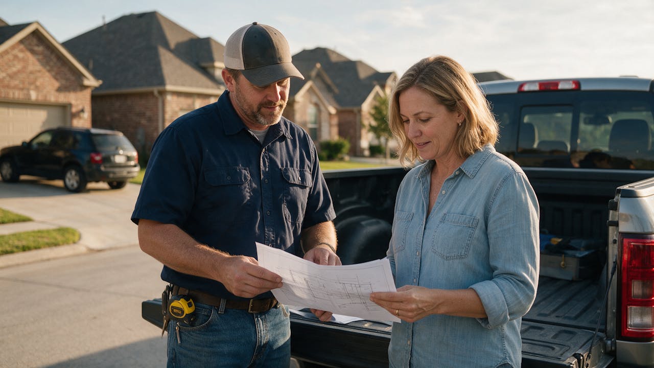 A contractor and a homeowner reviewing printed plans at a truck tailgate