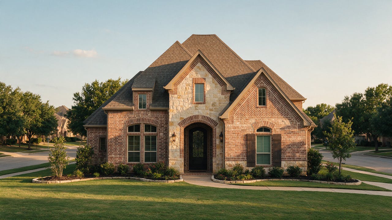 A large brick and stone home on a tree-lined Keller street