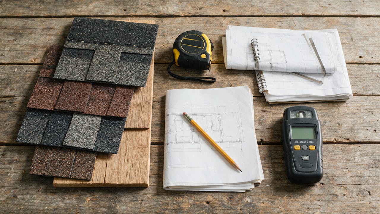 Shingle samples, a tape measure and plans laid out on a workbench
