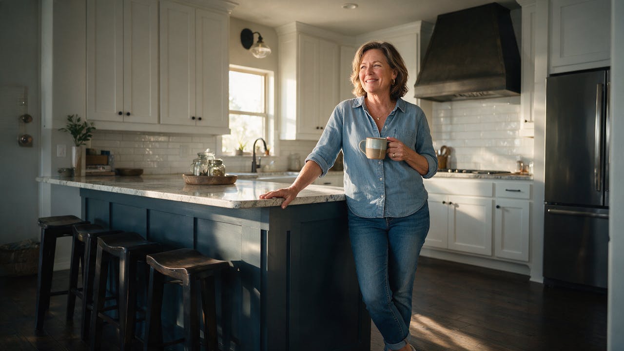 A homeowner standing with a coffee mug at the island of her newly remodeled kitchen