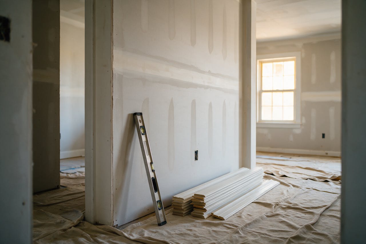 An interior being rebuilt after water damage restoration