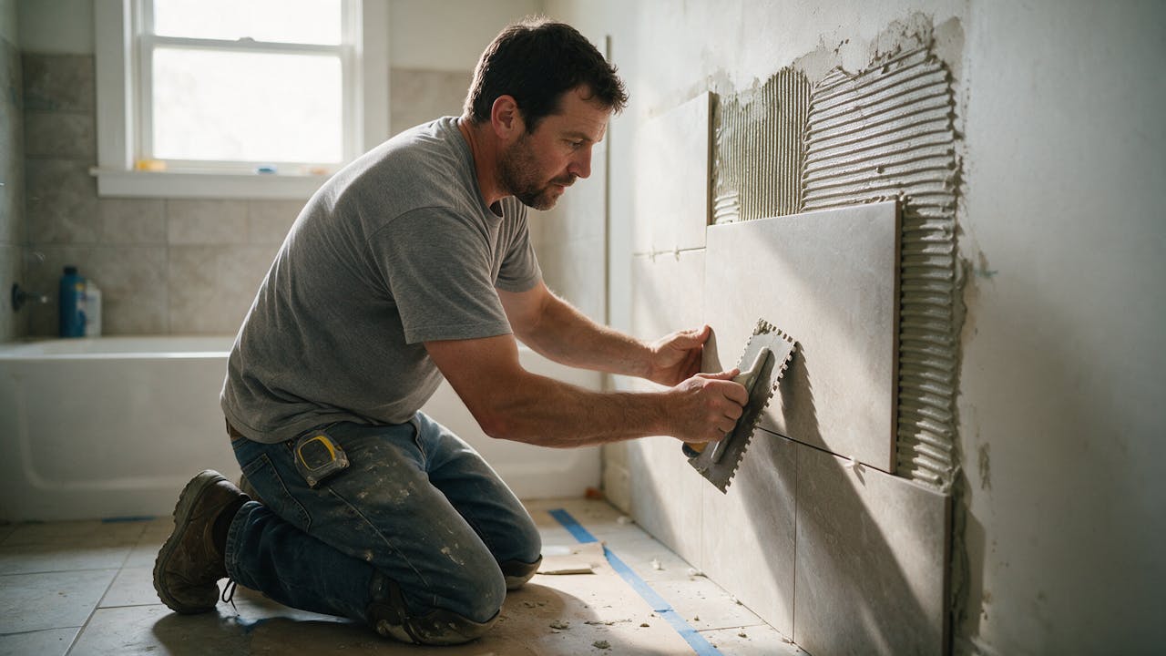 A tile setter kneeling to set large format tile on a bathroom wall