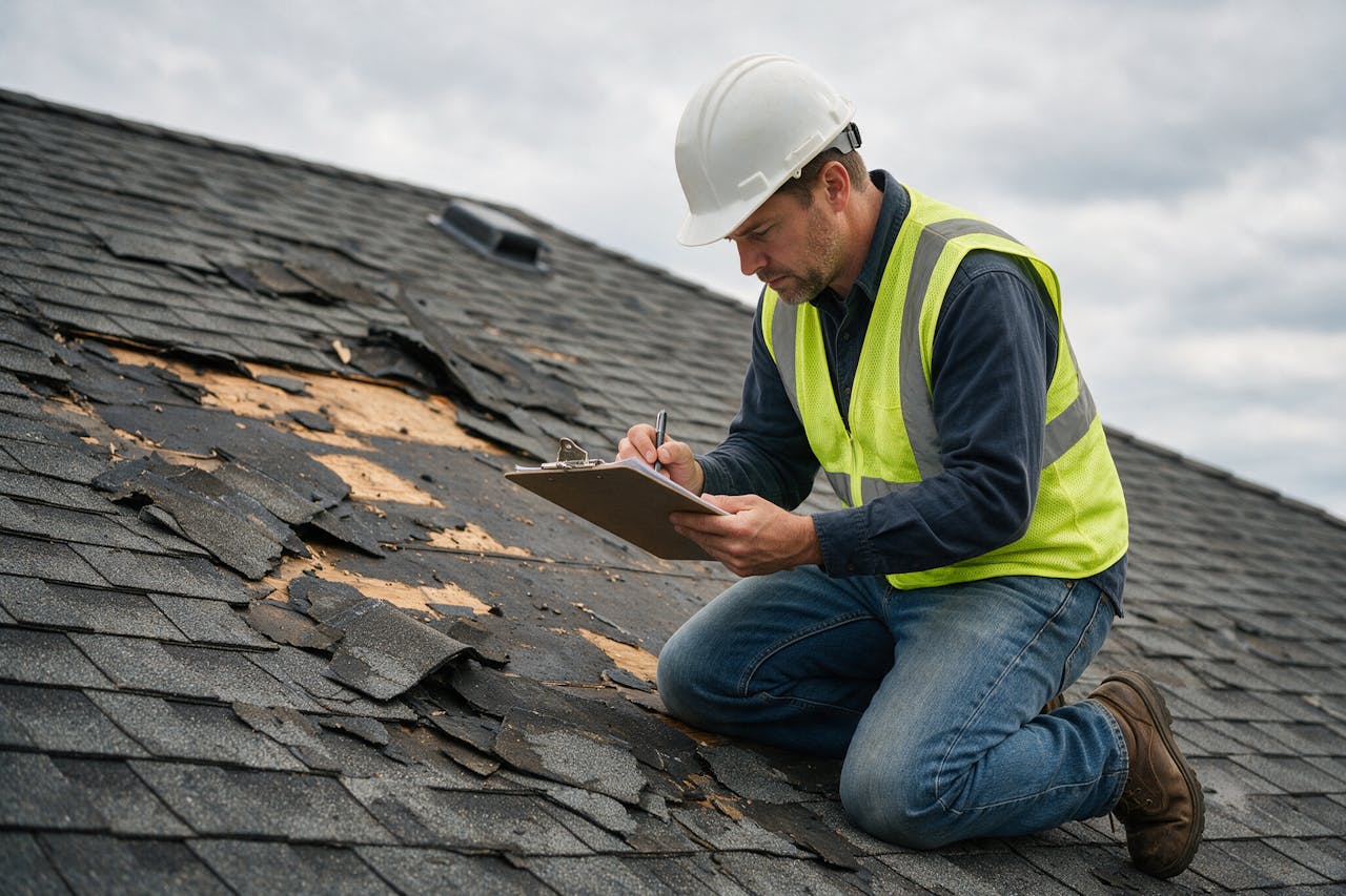 A roof inspector kneeling on a damaged roof, writing his findings on a clipboard