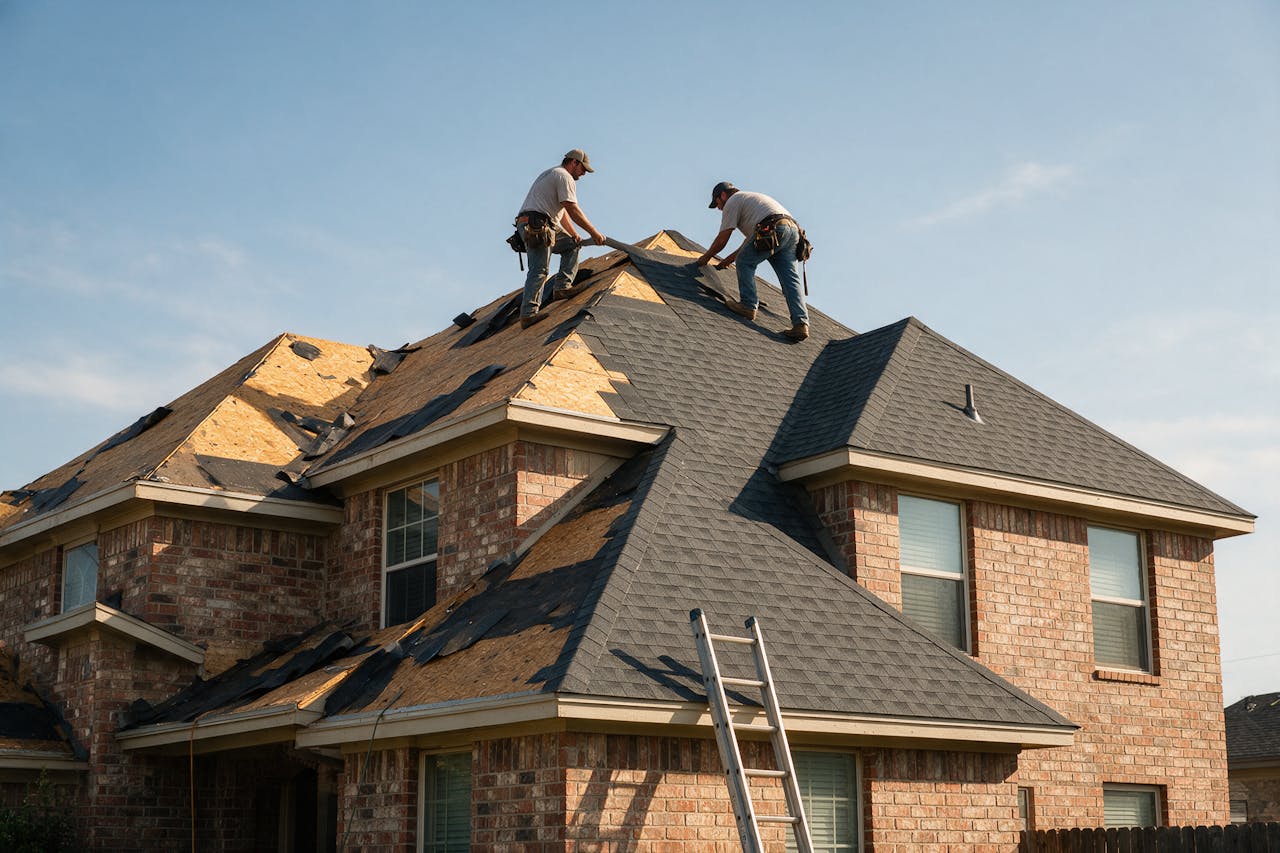 A roof half stripped to bare decking and half covered in new shingles, with roofers working at the ridge