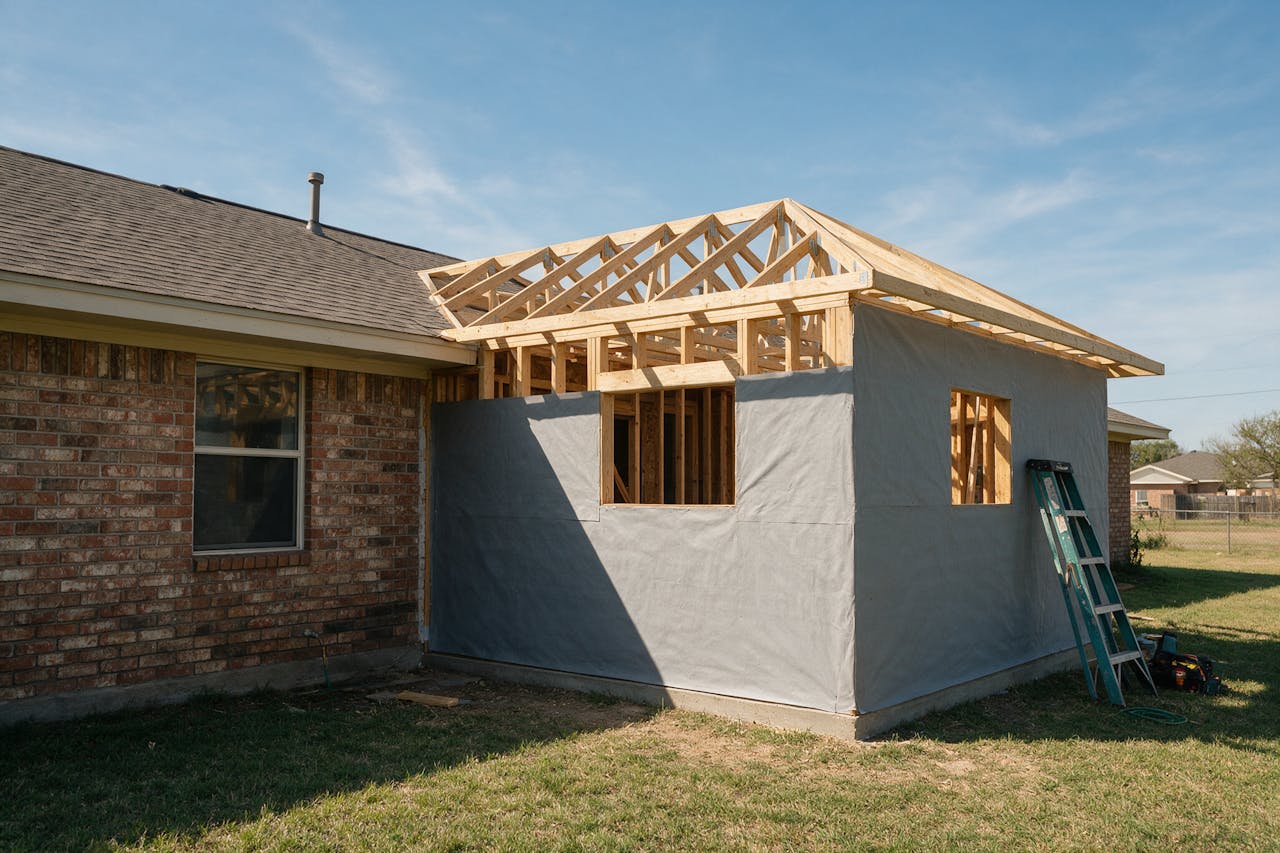 New wall framing and roof trusses tied into an existing brick home