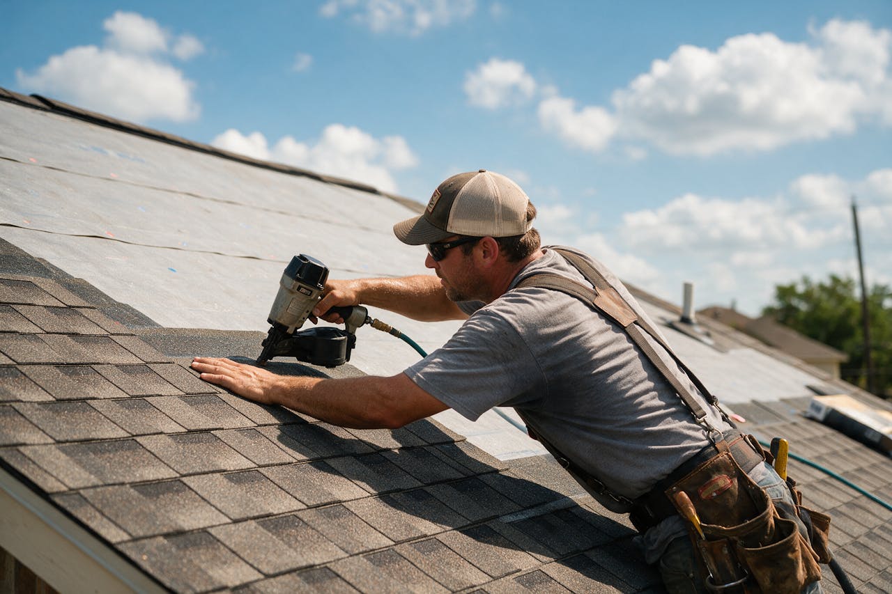 A roofer nailing a new course of architectural asphalt shingles