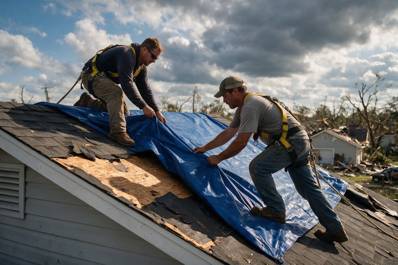 Two roofers securing a tarp over storm damage on a residential roof