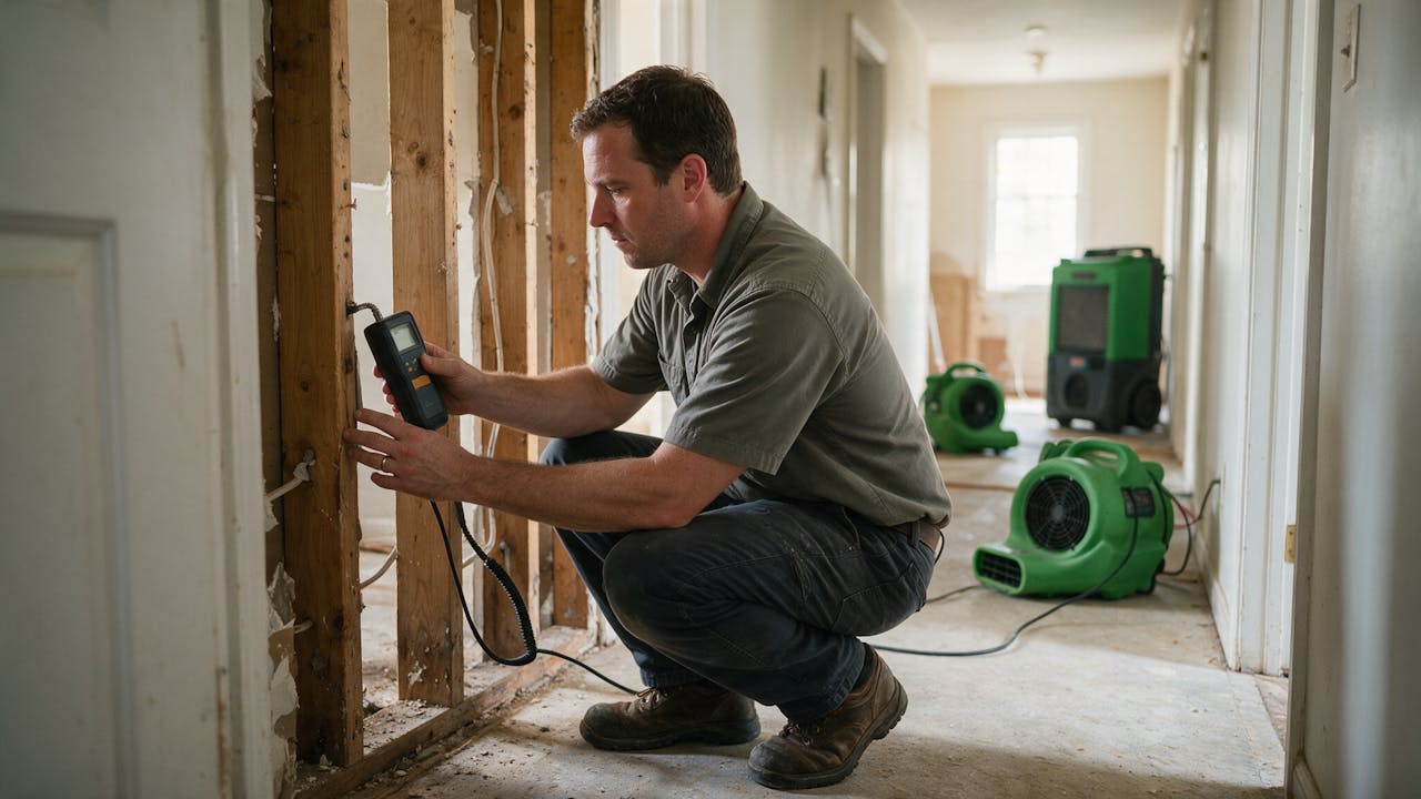 A restoration technician checking a wall stud with a moisture meter after a water loss