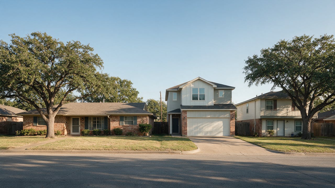 A range of North Texas home types along one residential street