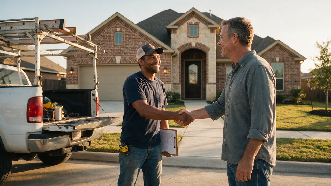 A Selbor crew leader shaking hands with a homeowner outside a finished home
