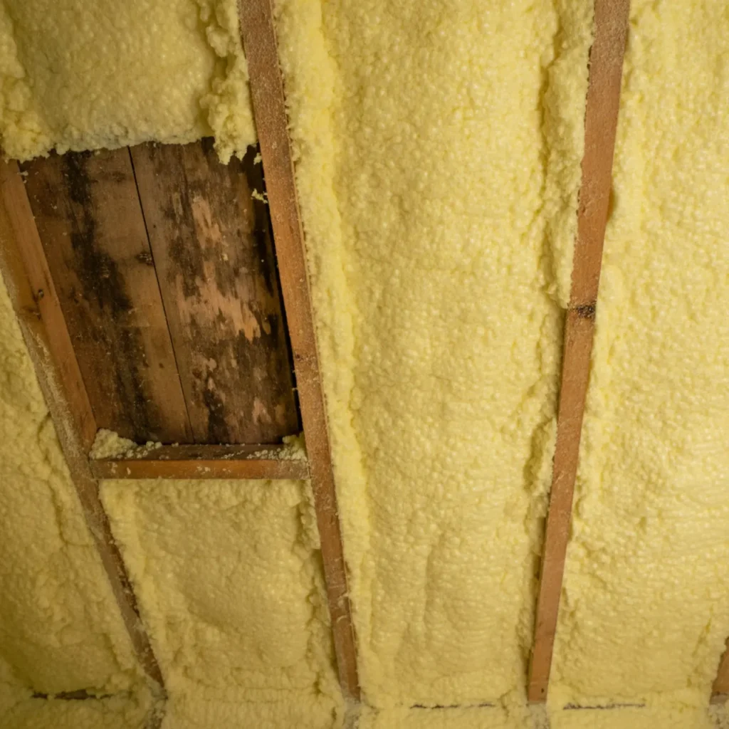 Spray foam insulation hiding roof damage and water stains on attic framing