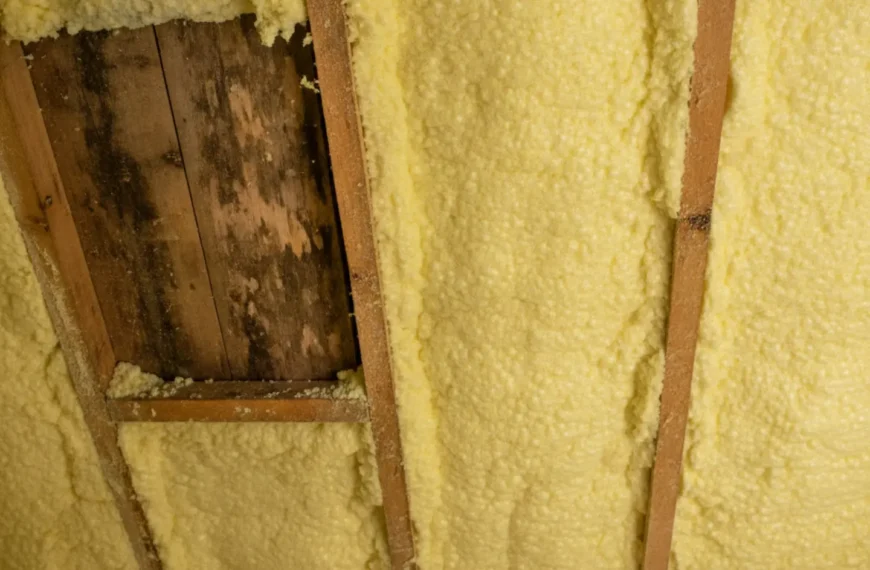Spray foam insulation hiding roof damage and water stains on attic framing