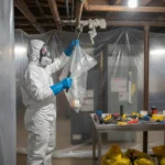 Licensed contractor performing asbestos abatement removal in residential basement