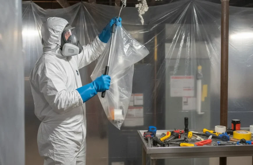 Licensed contractor performing asbestos abatement removal in residential basement