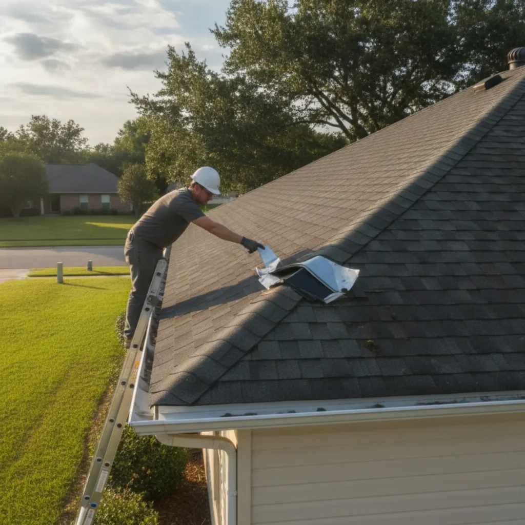 Roofer inspecting damaged roof flashing around vent pipe causing intermittent leaks