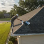 Roofer inspecting damaged roof flashing around vent pipe causing intermittent leaks