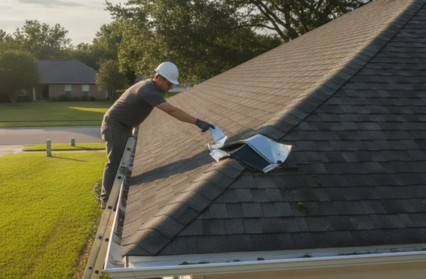 Roofer inspecting damaged roof flashing around vent pipe causing intermittent leaks