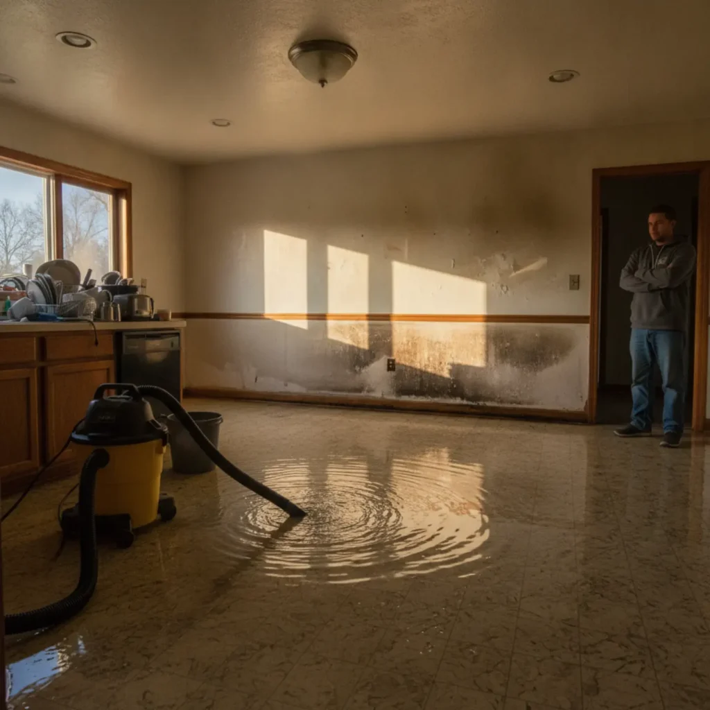 Professional water extraction equipment removing standing water from a flooded residential kitchen