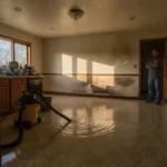 Professional water extraction equipment removing standing water from a flooded residential kitchen
