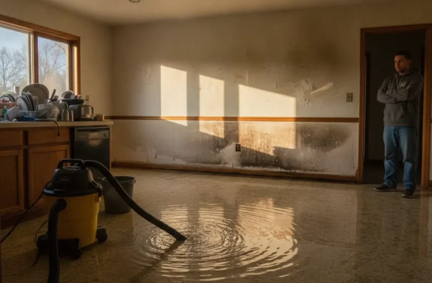 Professional water extraction equipment removing standing water from a flooded residential kitchen