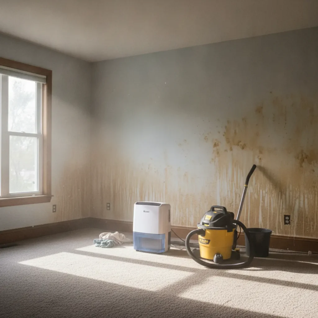 Water-damaged drywall and carpet with dehumidifier and shop vac running to prevent mold