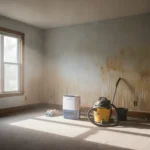 Water-damaged drywall and carpet with dehumidifier and shop vac running to prevent mold