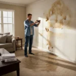 Homeowner documenting water damage on living room wall for insurance claim