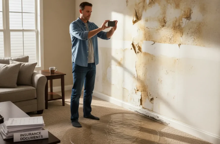 Homeowner documenting water damage on living room wall for insurance claim
