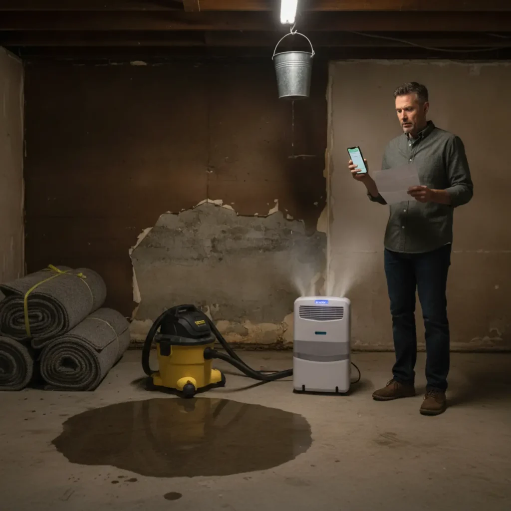 Homeowner in water-damaged basement holding phone and estimate, comparing cheapest water damage repair options