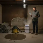 Homeowner in water-damaged basement holding phone and estimate, comparing cheapest water damage repair options