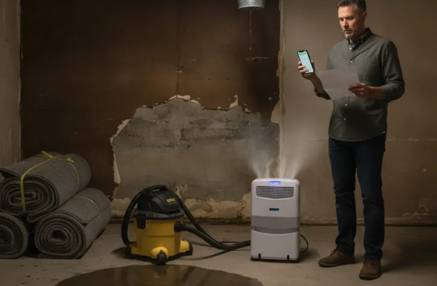 Homeowner in water-damaged basement holding phone and estimate, comparing cheapest water damage repair options
