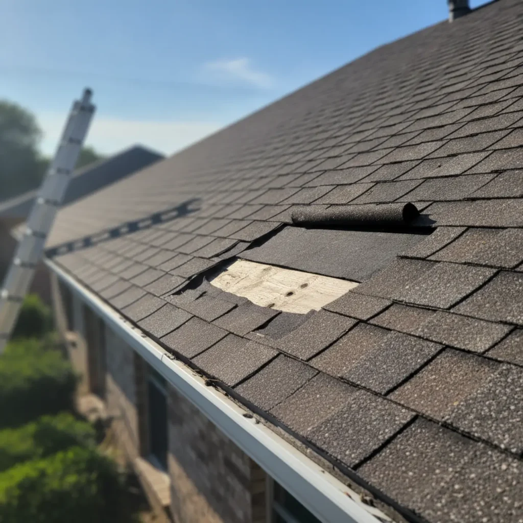Missing roof shingles exposing tar paper on DFW home, cost to replace shingles visible damage
